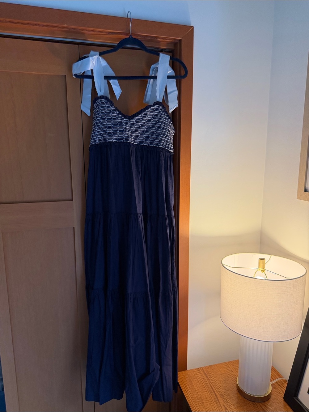 Free People Navy Maxi Dress with White Tie Straps